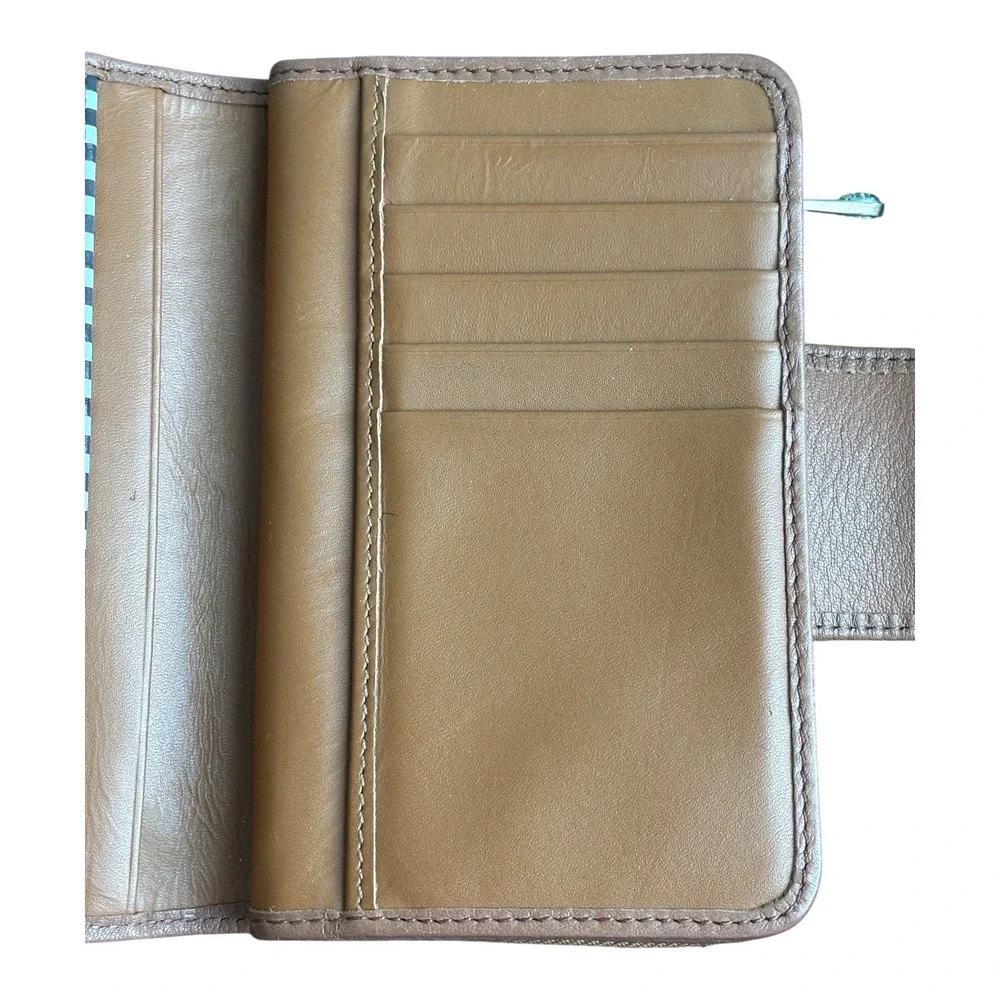 Henri Bendel‎ Leather Wallet Brown Bifold Turn Lock Zip Side Two Compartment
